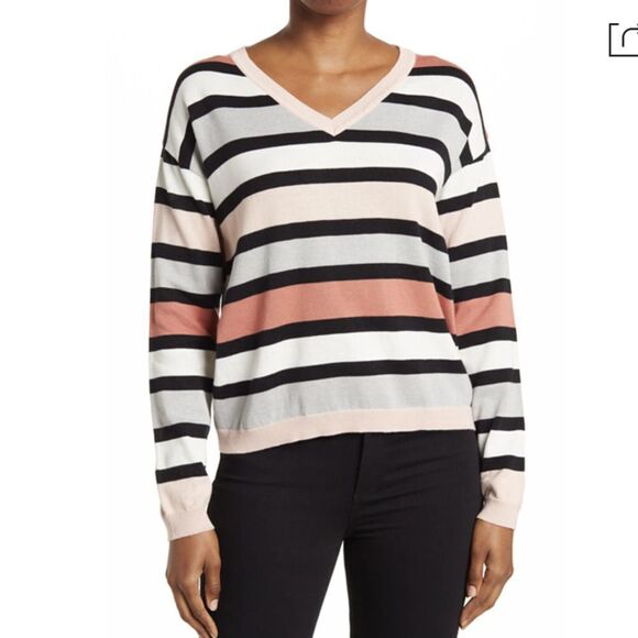 NORDSTROM RACK Women’s V-neck Striped Sweater In Pink Grey Black River Stripe XS - Picture 1 of 7
